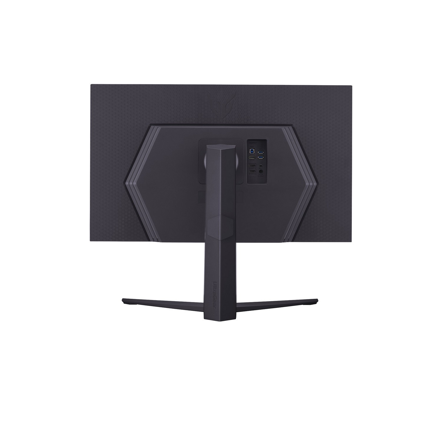 Vue arrière d'un écran d'ordinateur noir avec support. Il possède des ports et un logo au dos. Le support a deux pieds.