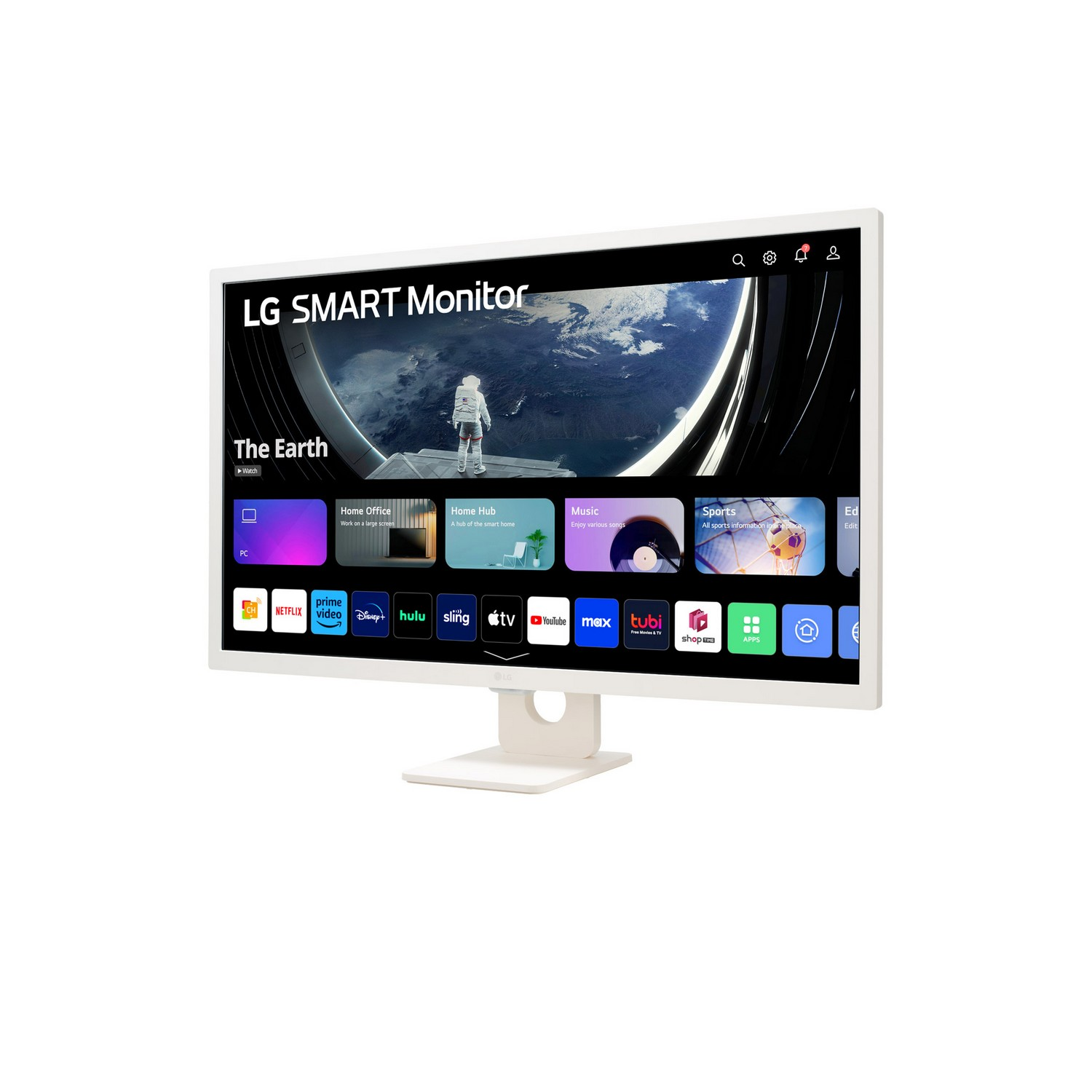 Witte LG Smart Monitor geeft een interface weer met app-iconen, een ruimteafbeelding en een witte achtergrond.