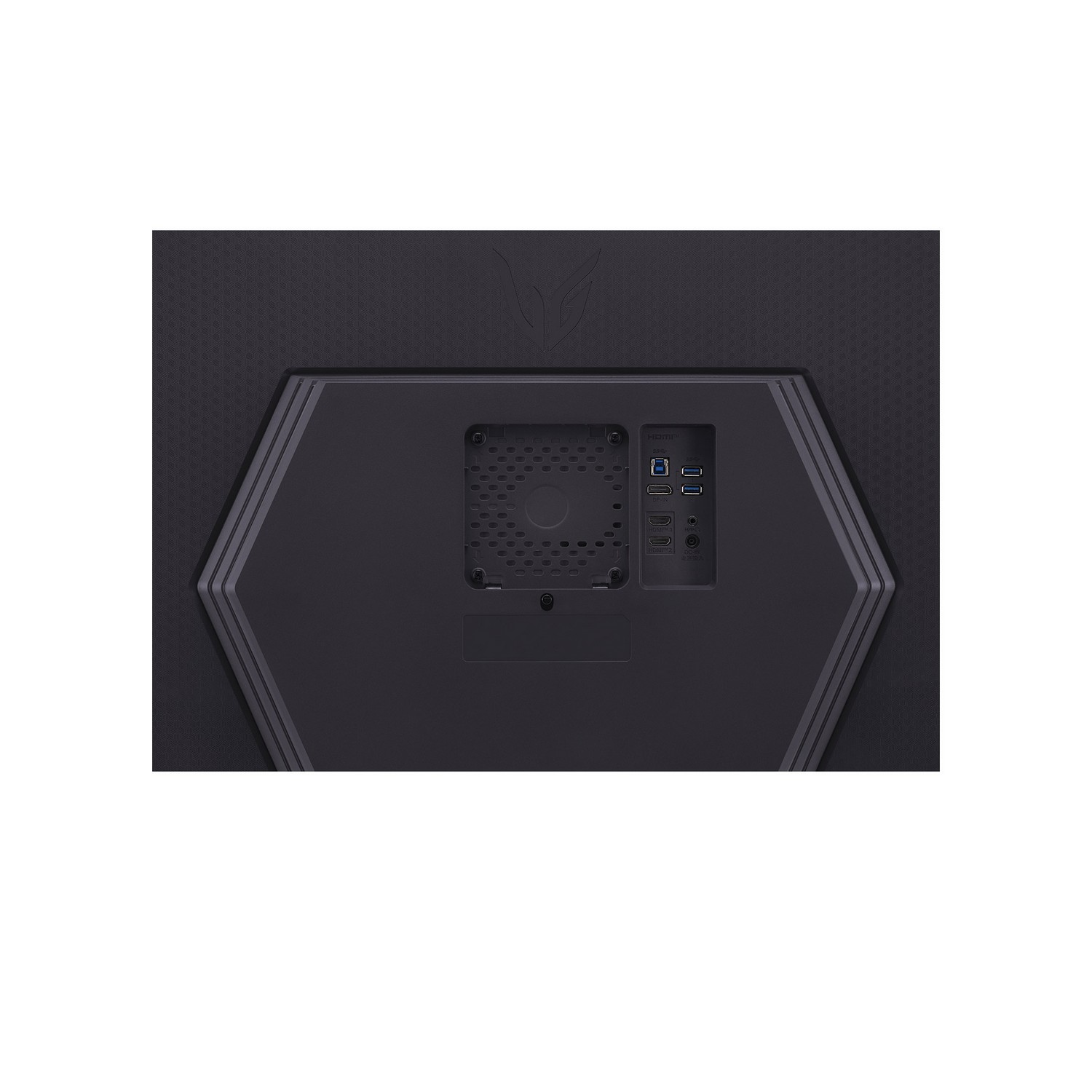 Arrière d'un moniteur sombre, montrant les ports et un logo. Les ports comprennent HDMI, USB et alimentation.
