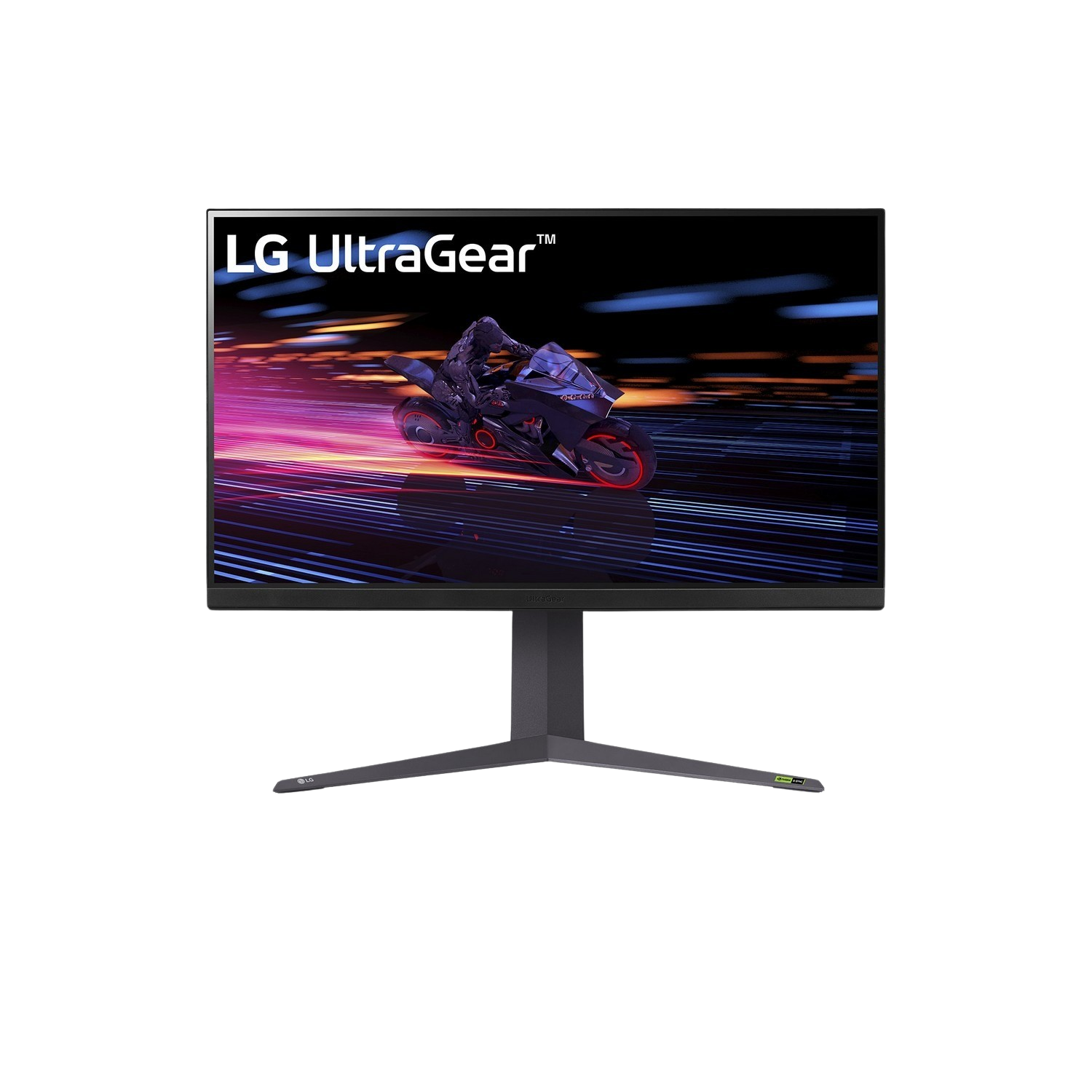 Le moniteur LG UltraGear affiche une course de moto sur une piste avec des traînées colorées. Le moniteur a un pied et est sur fond noir.
