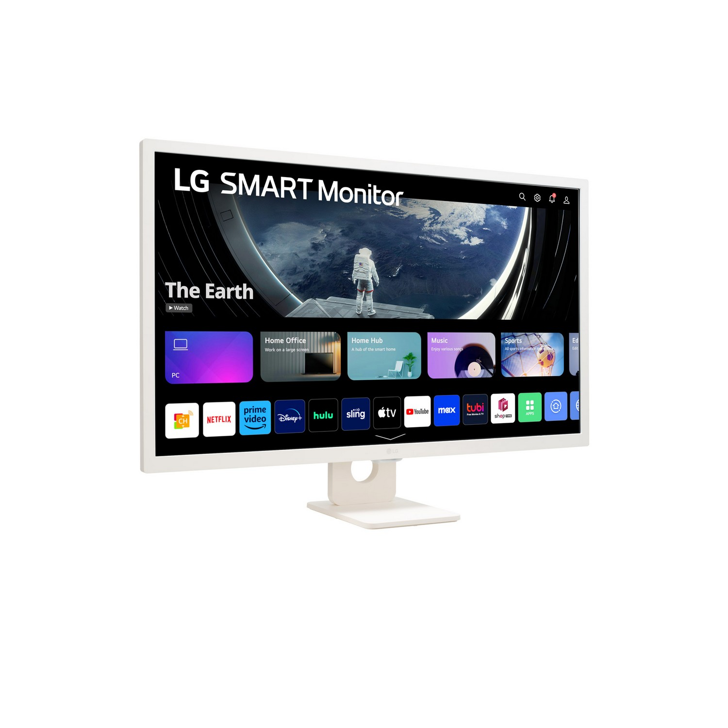 Een witte LG Smart Monitor met een scherm met een astronaut en app-pictogrammen.