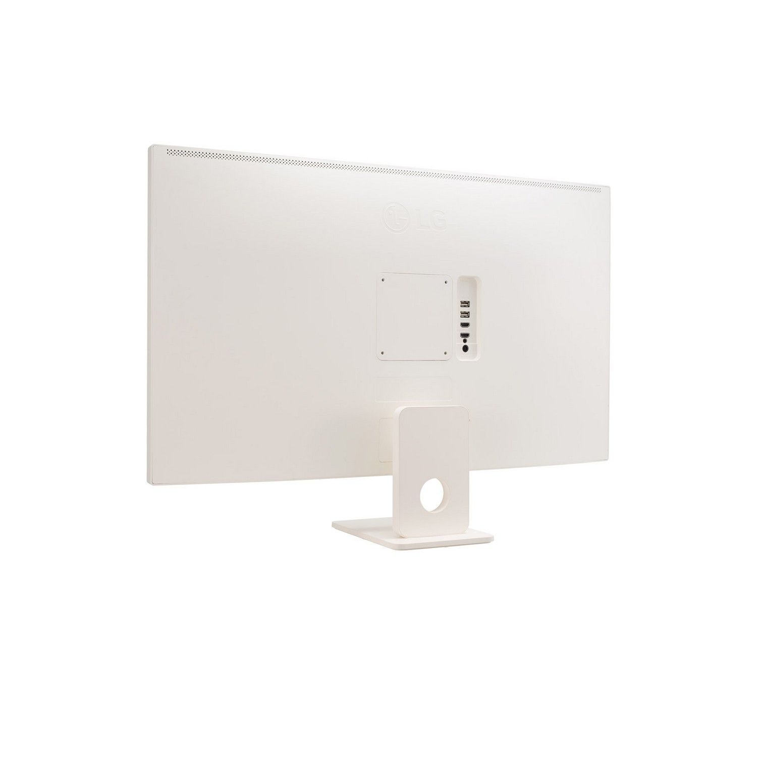 De achterkant van een witte computermonitor met poorten en een standaard.