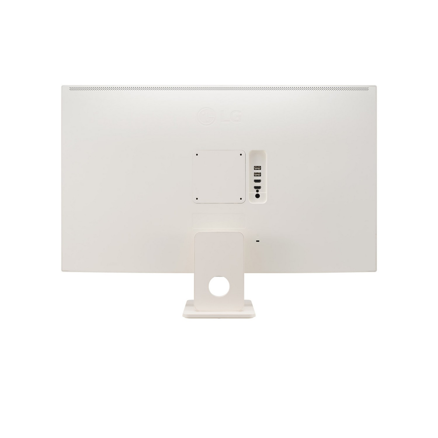 Achterkant van een witte monitor, met poorten en standaard.