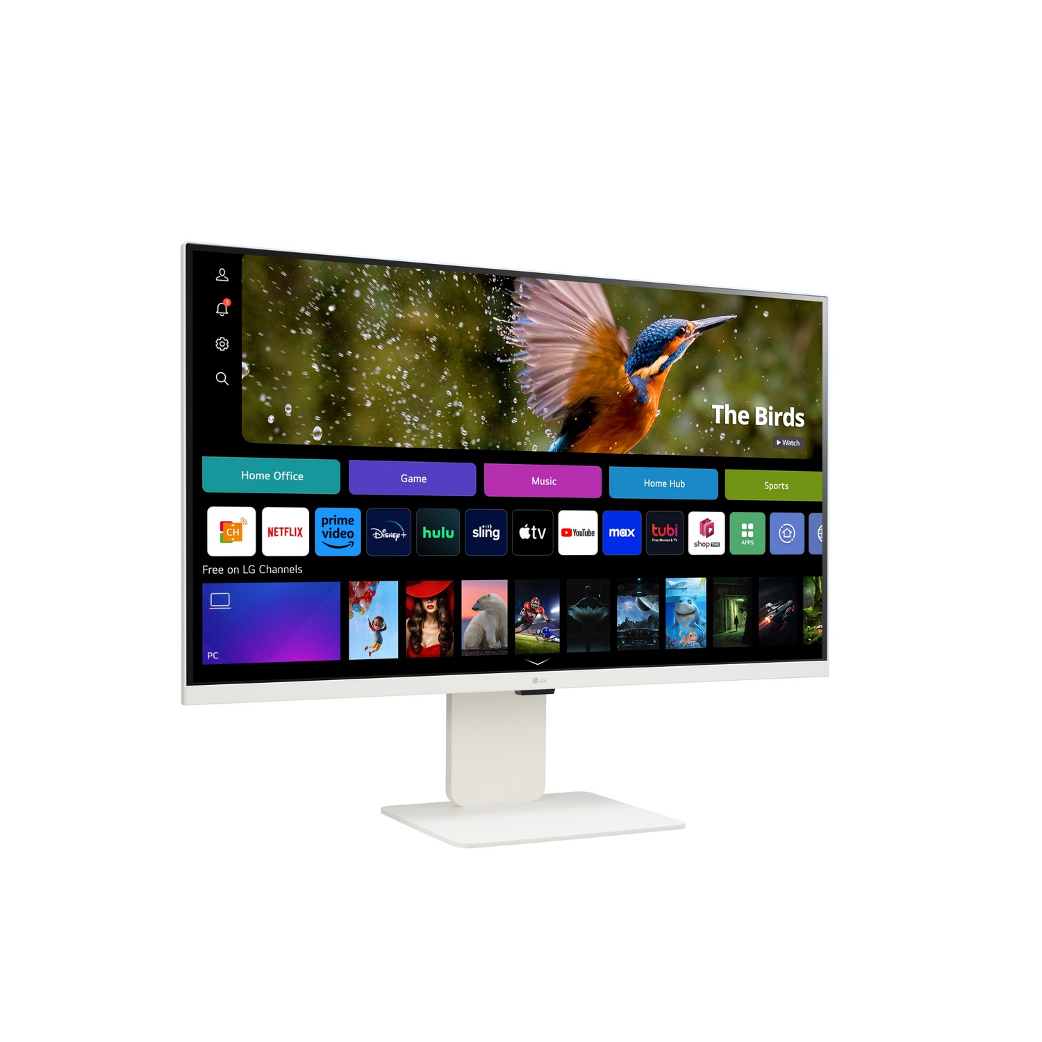 Witte monitor met natuurscène en diverse app-iconen.