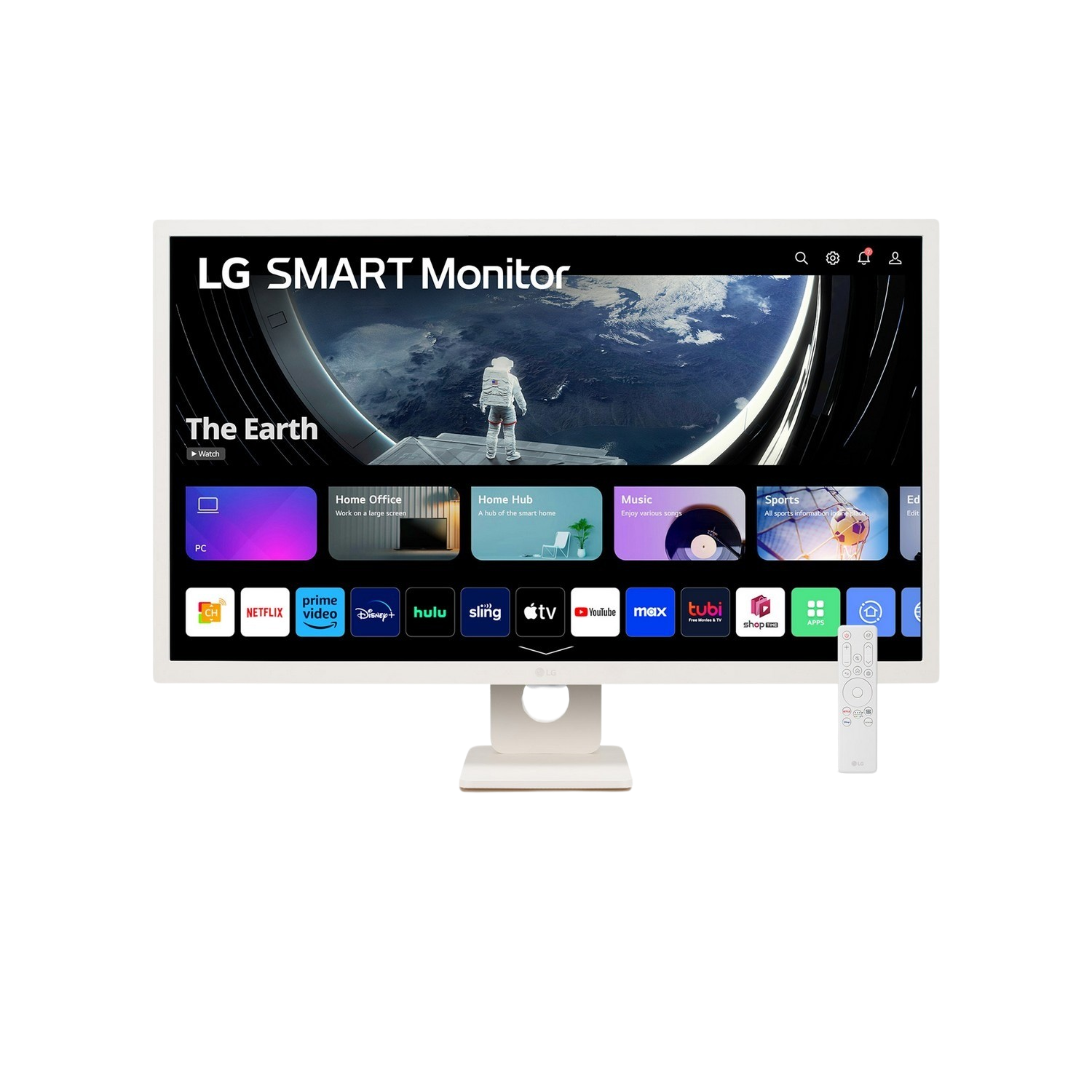 Witte LG Smart Monitor met Aarde-afbeelding, apps en afstandsbediening.