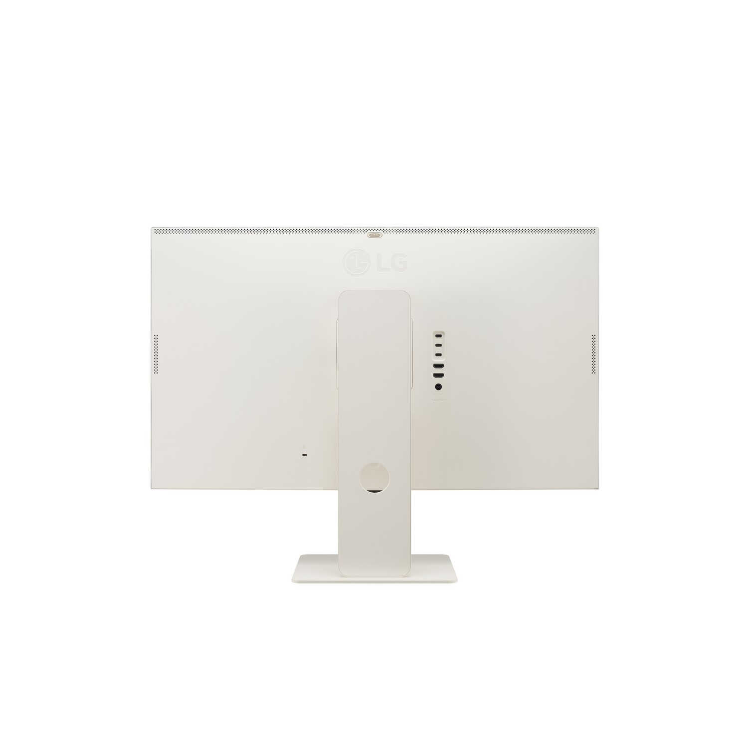 Achteraanzicht van een witte LG monitor, op een witte standaard. Enkele poorten en het LG-logo zijn zichtbaar.