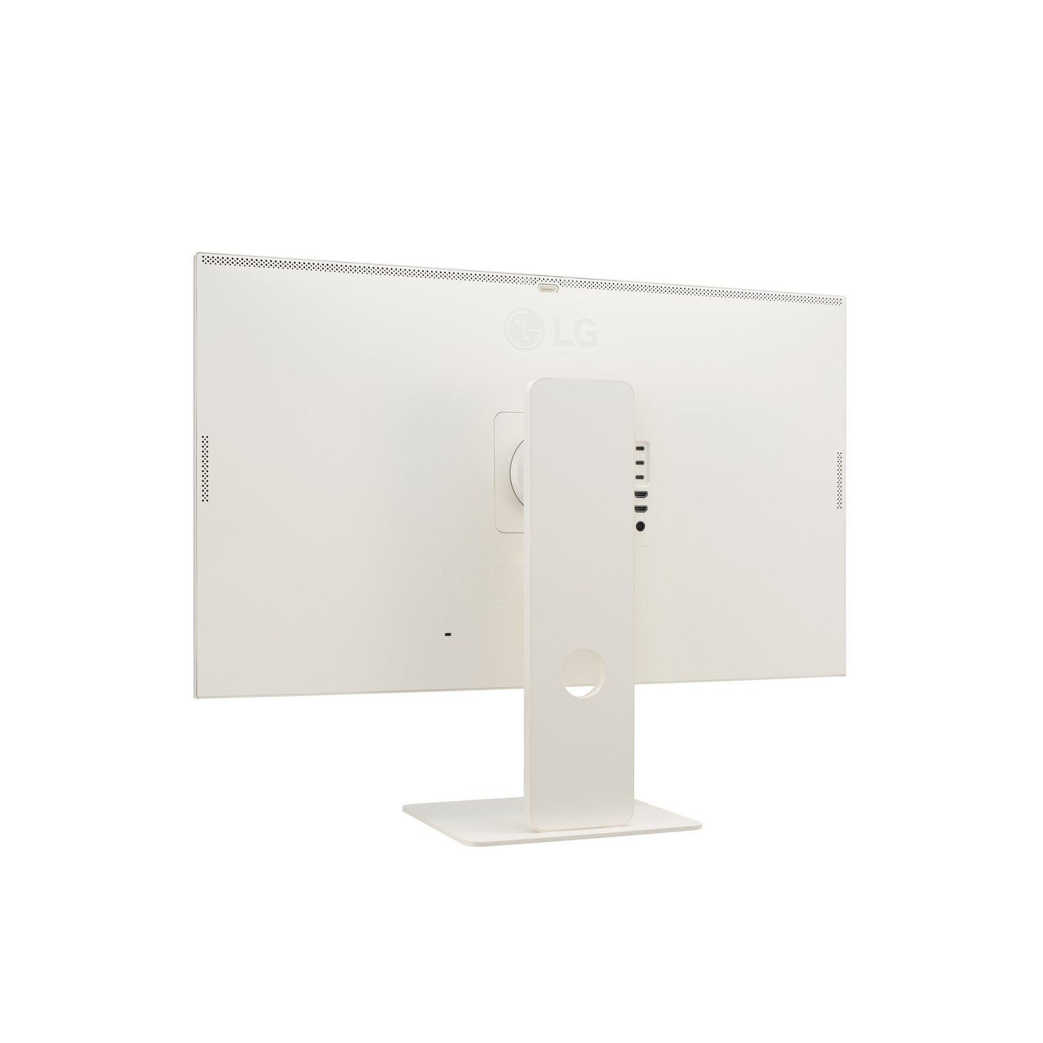 De achterkant van een witte LG-monitor, met een standaard, op een witte achtergrond.