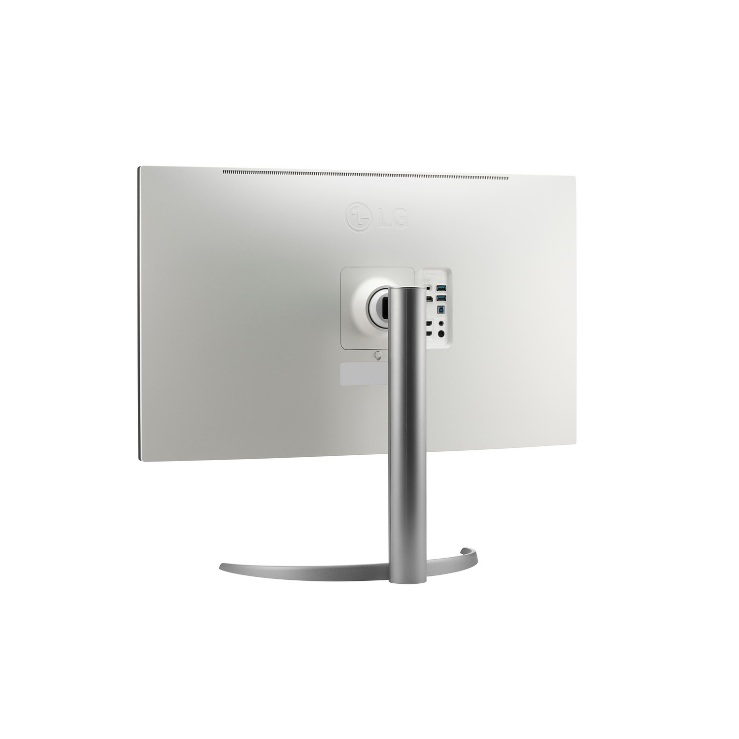 L'arrière d'un moniteur LG blanc. Il dispose d'un pied, de ports et d'un logo. Le design est épuré et moderne.