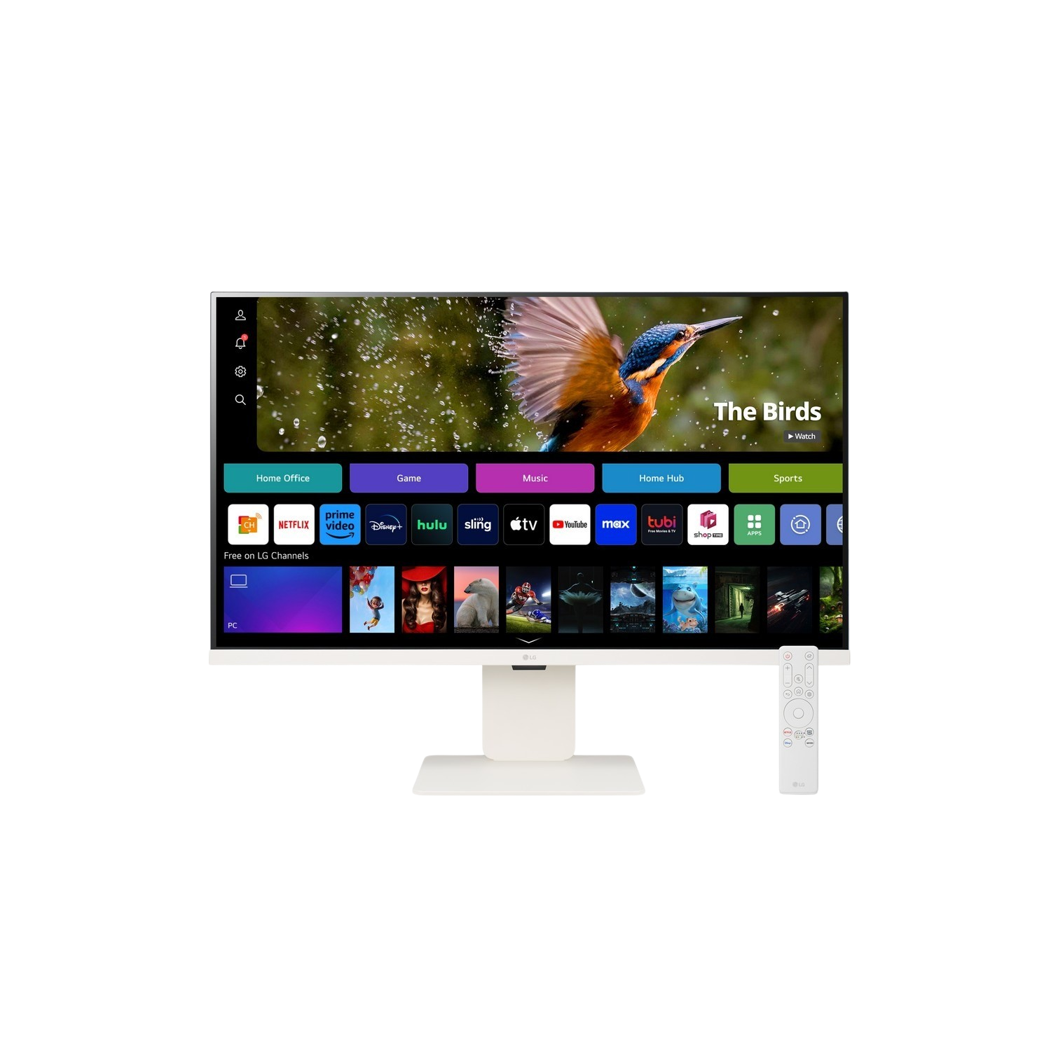 Witte monitor met een tv-interface. Toont verschillende apps en een vogelafbeelding.