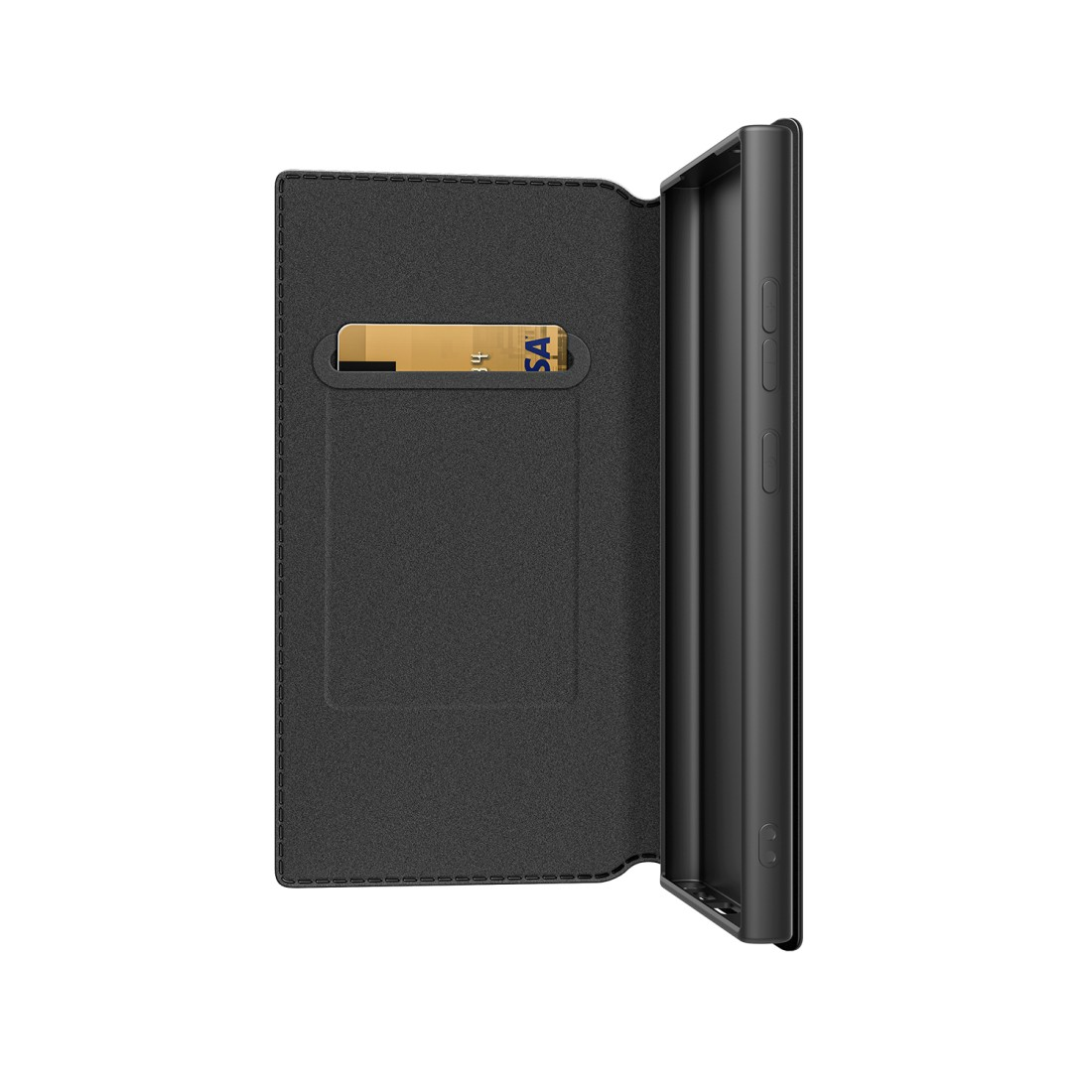 Eine schwarze Handyhülle mit einer teilweise eingelegten Visa-Karte.