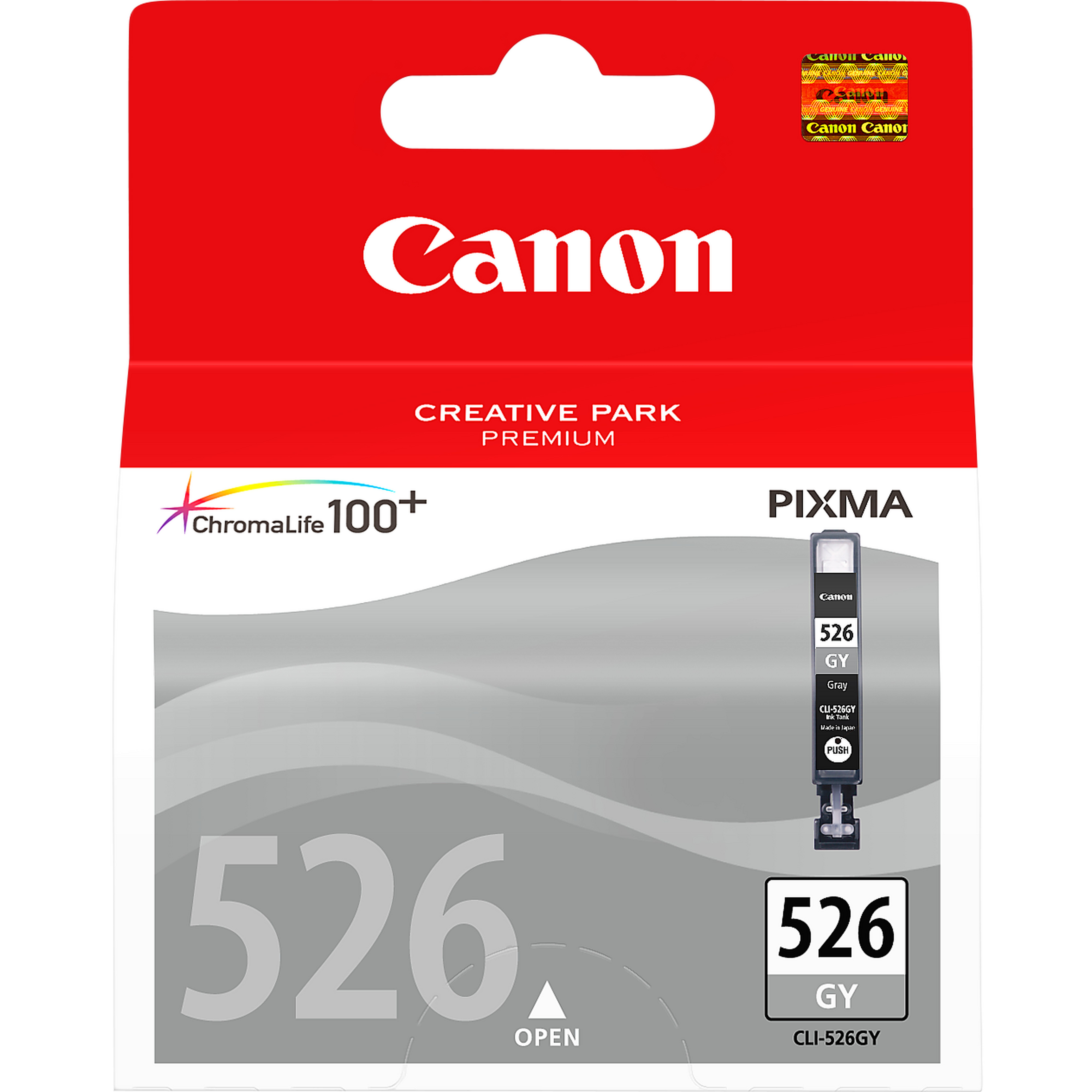 Canon Tintenpatronenverpackung, weiß mit rotem Deckel. Enthält eine 526 GY Patrone.