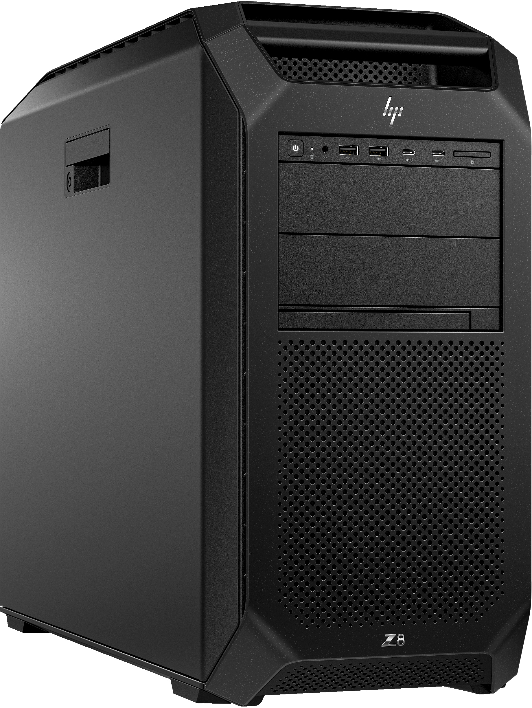 Schwarzer HP Z8 Workstation-Computer. Er hat einen Griff, einen Netzschalter, Anschlüsse und eine perforierte Frontblende mit dem Z8-Logo.