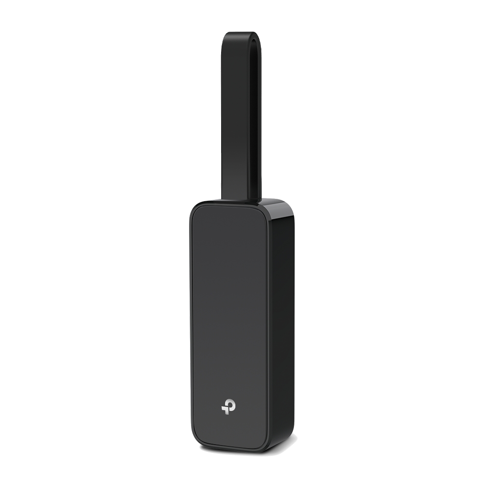 Siyah halkalı cihaz. TP-Link logosu var. Sade, temiz tasarım, siyah arka plan üzerinde izole edilmiş.