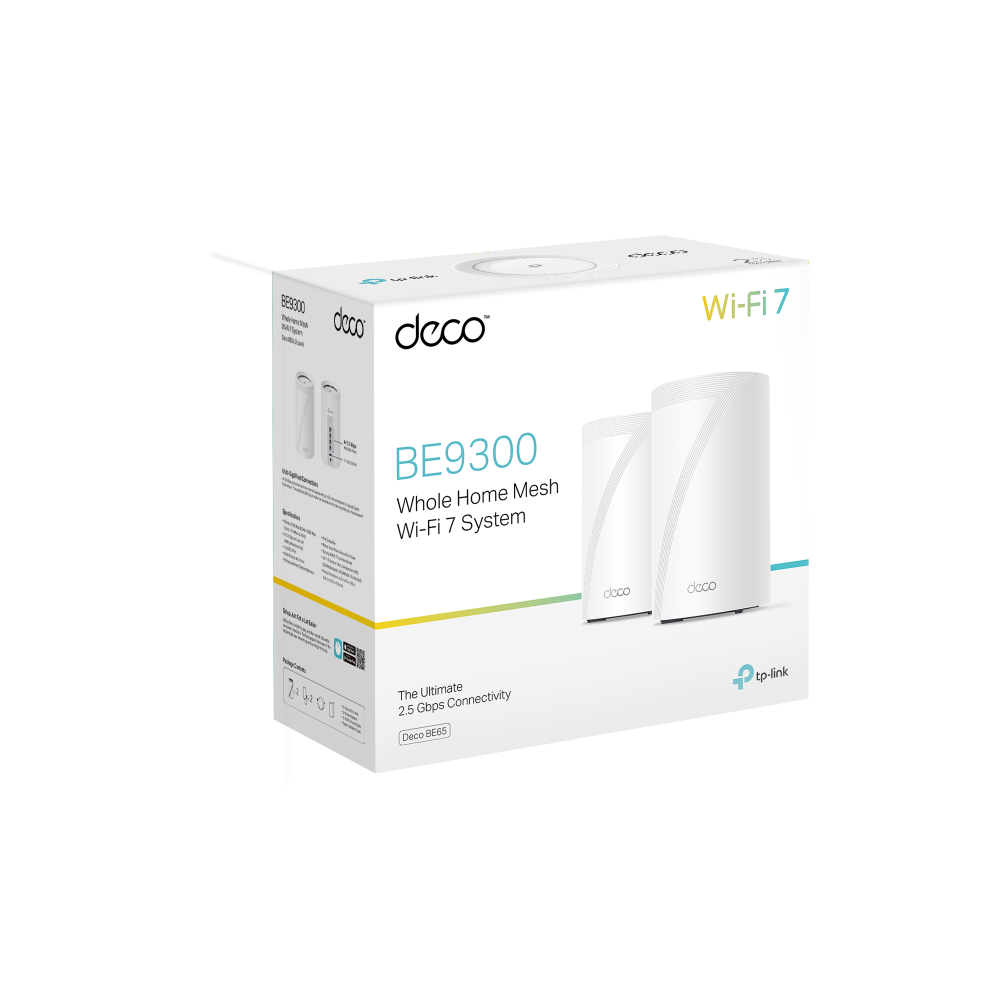 İki beyaz cihazlı, TP-Link Deco BE9300 Wi-Fi 7 mesh sisteminin beyaz ve mavi kutusu.
