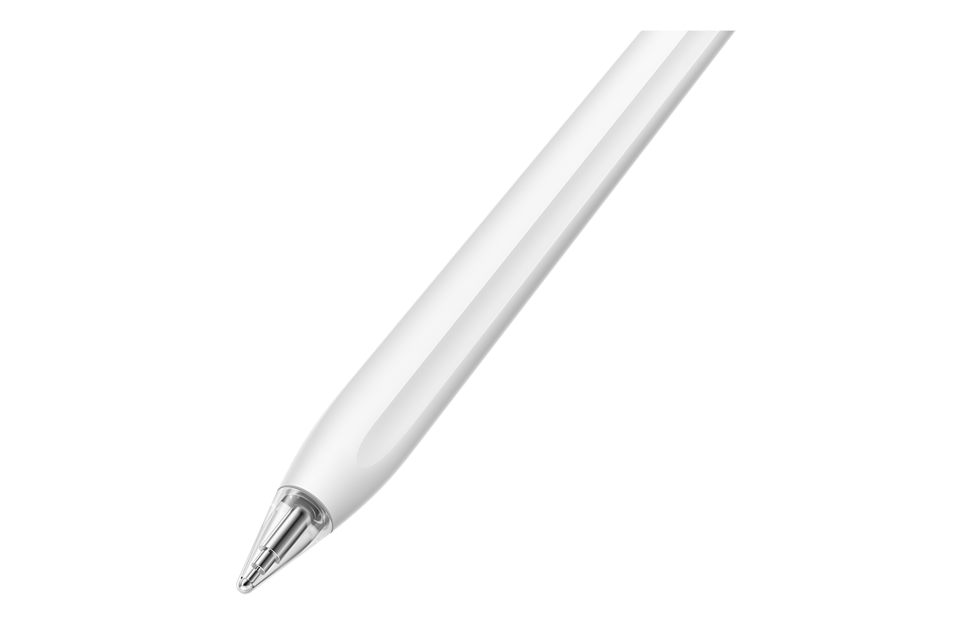 Siyah bir arka plan üzerinde beyaz bir Apple Pencil. Kalem açılı ve ucu gösteriyor.