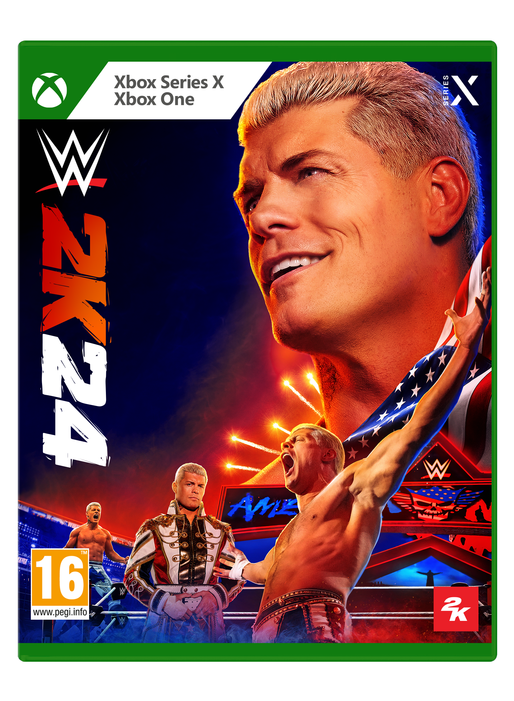 Okładka gry WWE 2K24 z zapaśnikiem Cody Rhodes. Zielone pudełko Xbox Series X. Jasne kolory z wieloma zapaśnikami.