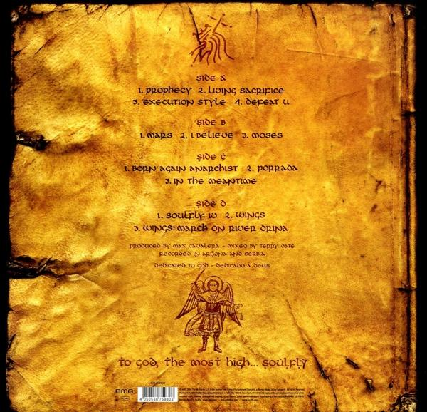 Egy öregített, texturált, sárgásbarna színű albumborító, daltitulusokkal és illusztrációval.