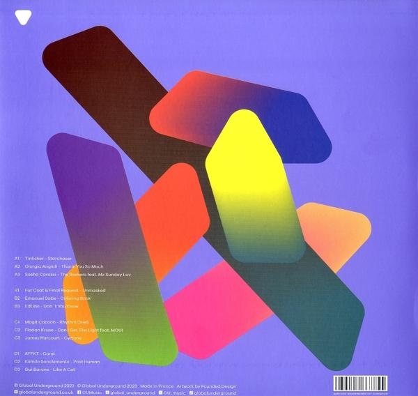 Albumcover mit bunten Formen. Text: global underground, Namen und Titeln, und ein weißer Barcode.