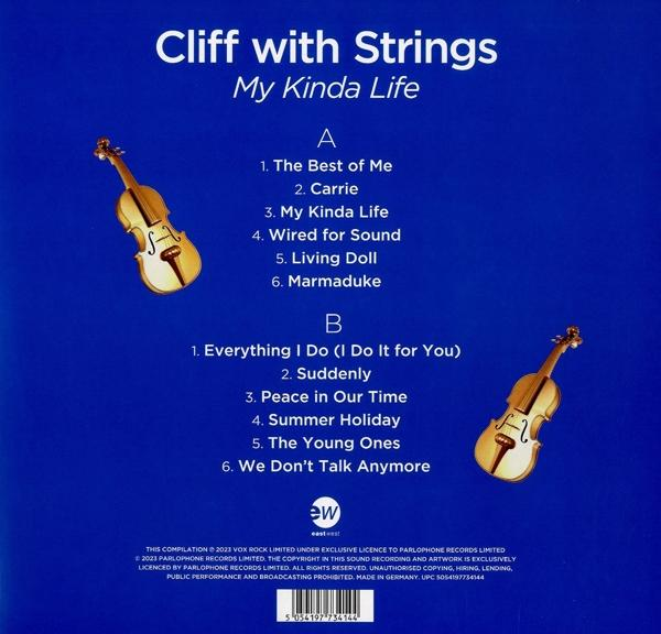 Albumcover mit Text 'Cliff with Strings My Kinda Life' und zwei Violinen auf blauem Hintergrund.