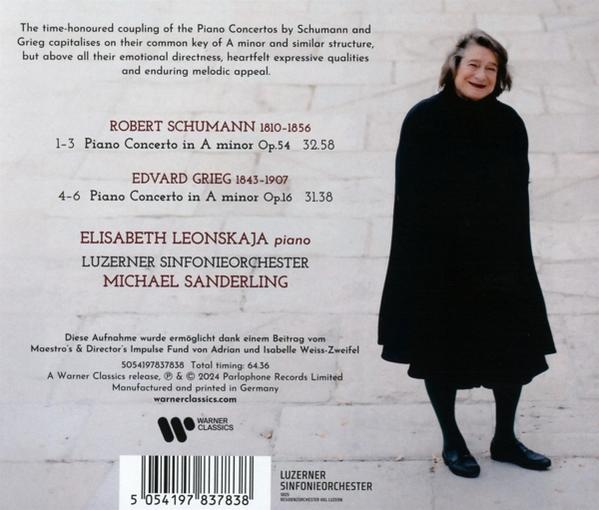 Rückseite einer CD-Hülle. Mit Text über Klavierkonzerte und dem Bild einer Frau.