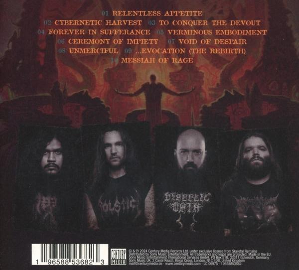 Rückseite einer CD mit vier Bandmitgliedern, Songtiteln und einem Logo.