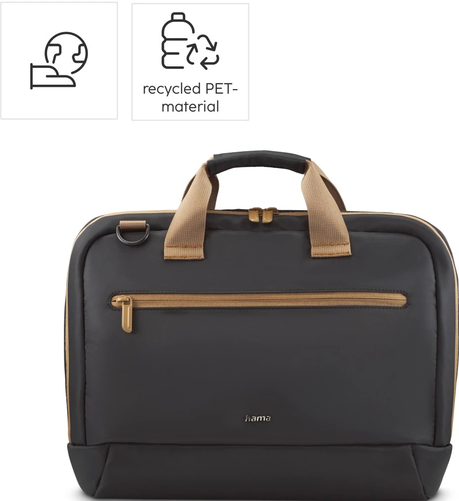 Eine schwarze und hellbraune Laptoptasche mit Griffen, Schultergurt und Logos für recyceltes Material.