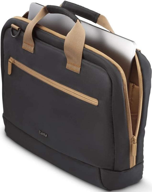 Eine schwarze Laptoptasche mit Laptop. Tan Reißverschluss und Griffe.