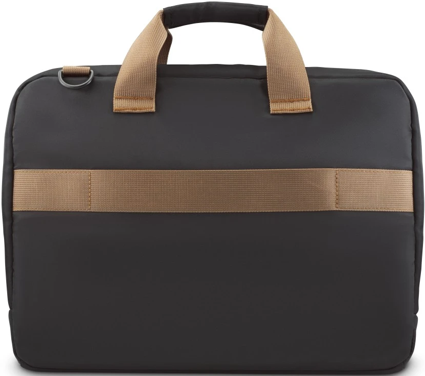 Eine schwarze Laptoptasche mit braunem Riemen vorne und Griff, vor weißem Hintergrund.