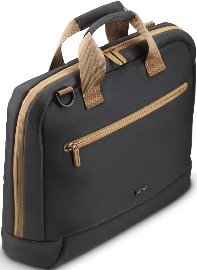 Eine schwarze Laptoptasche mit braunem Reißverschluss und Griff, Seitenansicht, vor weißem Hintergrund.