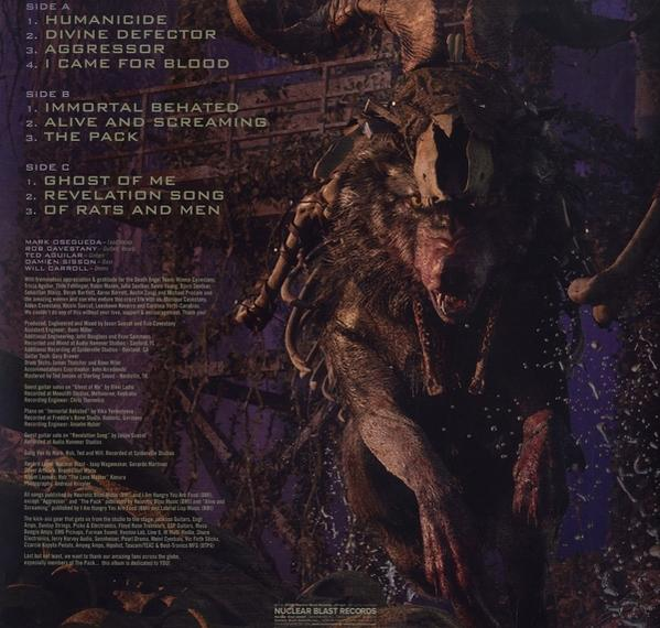 Albumcover mit Bandnamen, Songtiteln und einem wolfsähnlichen Wesen.