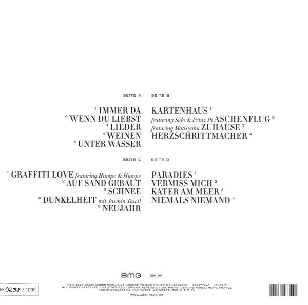 Album-Trackliste, schwarzweiß. Das Album trägt den Titel "ADEL".
