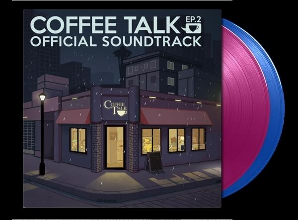 Ein Vinyl-Albumcover, das eine Stadtlandschaft, ein Café und eine Schallplatte zeigt.