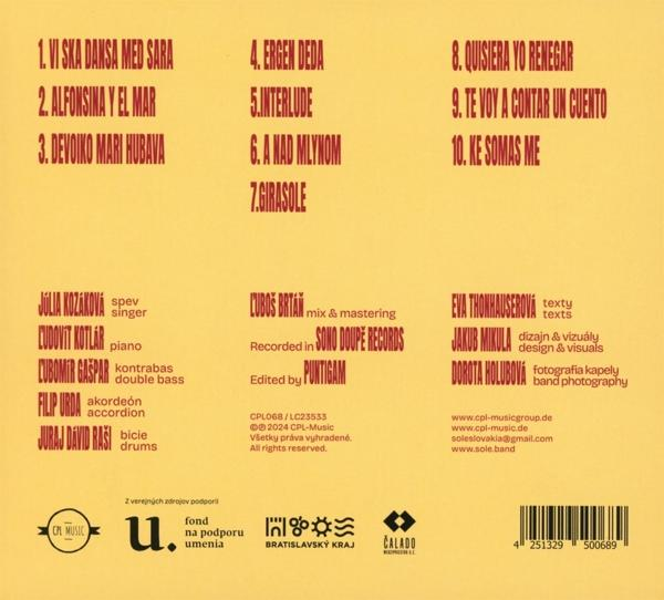 Gelber Hintergrund mit schwarzer und roter Schrift. Songliste, Musiker und Logos.