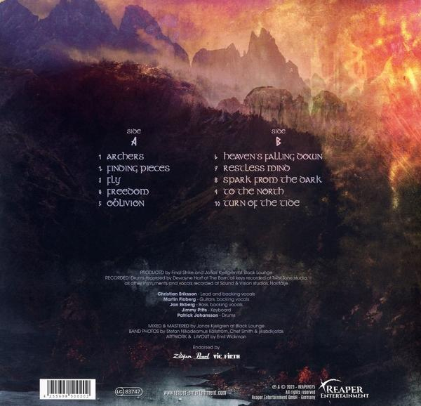 Albumcover mit Titellisten links und Bandmitglieder-Credits rechts, mit verschwommenem Hintergrund.