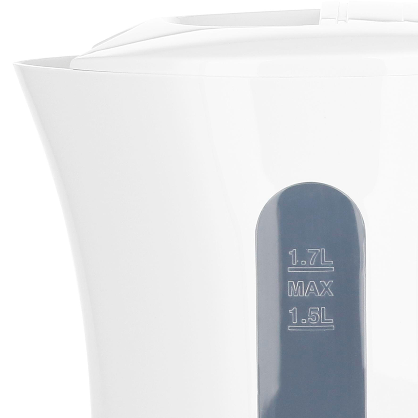 Weißer Wasserkocher mit Wasserstandsanzeige.