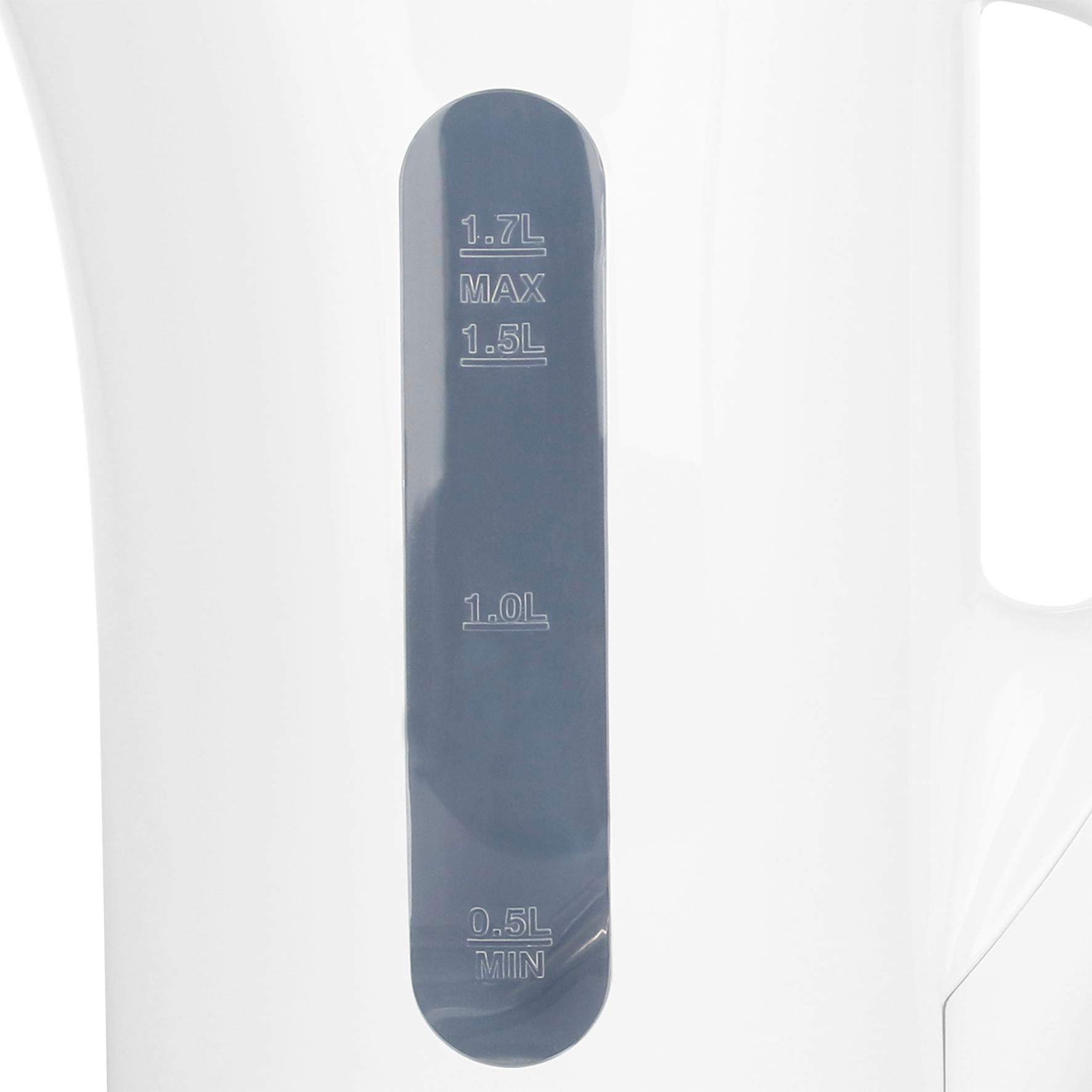 Weiße Wasserstandsanzeige an einem weißen Wasserkocher. Zeigt Pegel von 0,5 l bis 1,7 l.