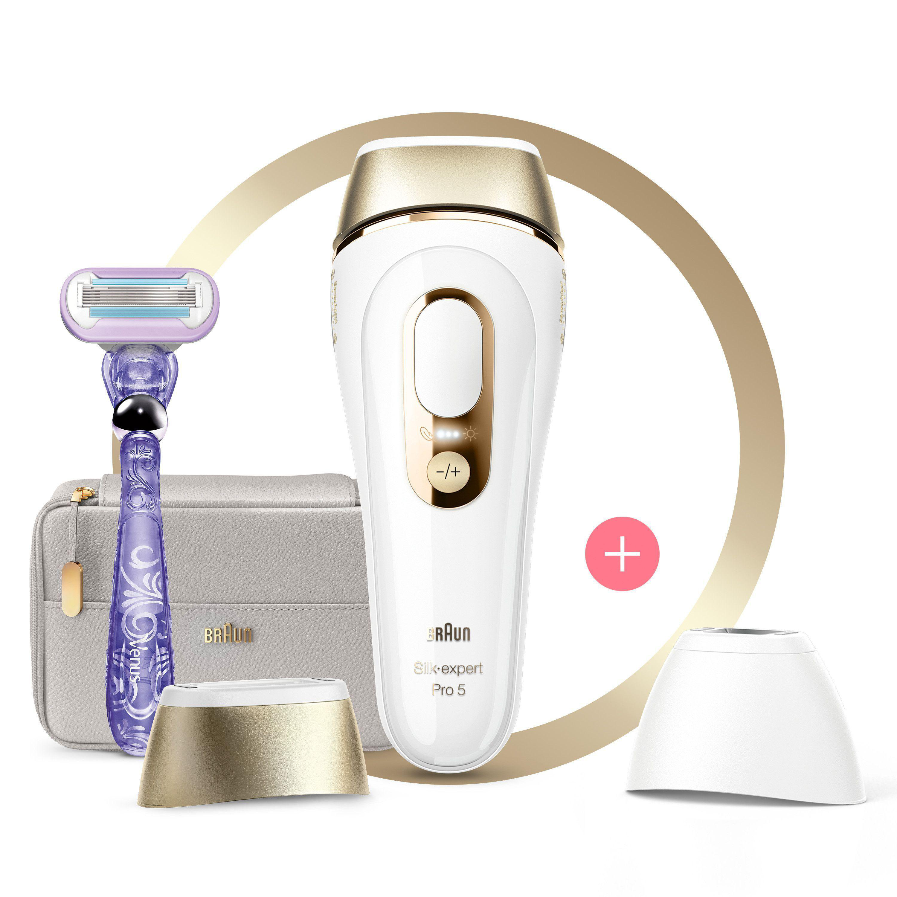 Braun Silk-expert Pro 5, Rasierer und Zubehör. Weißer Hintergrund.