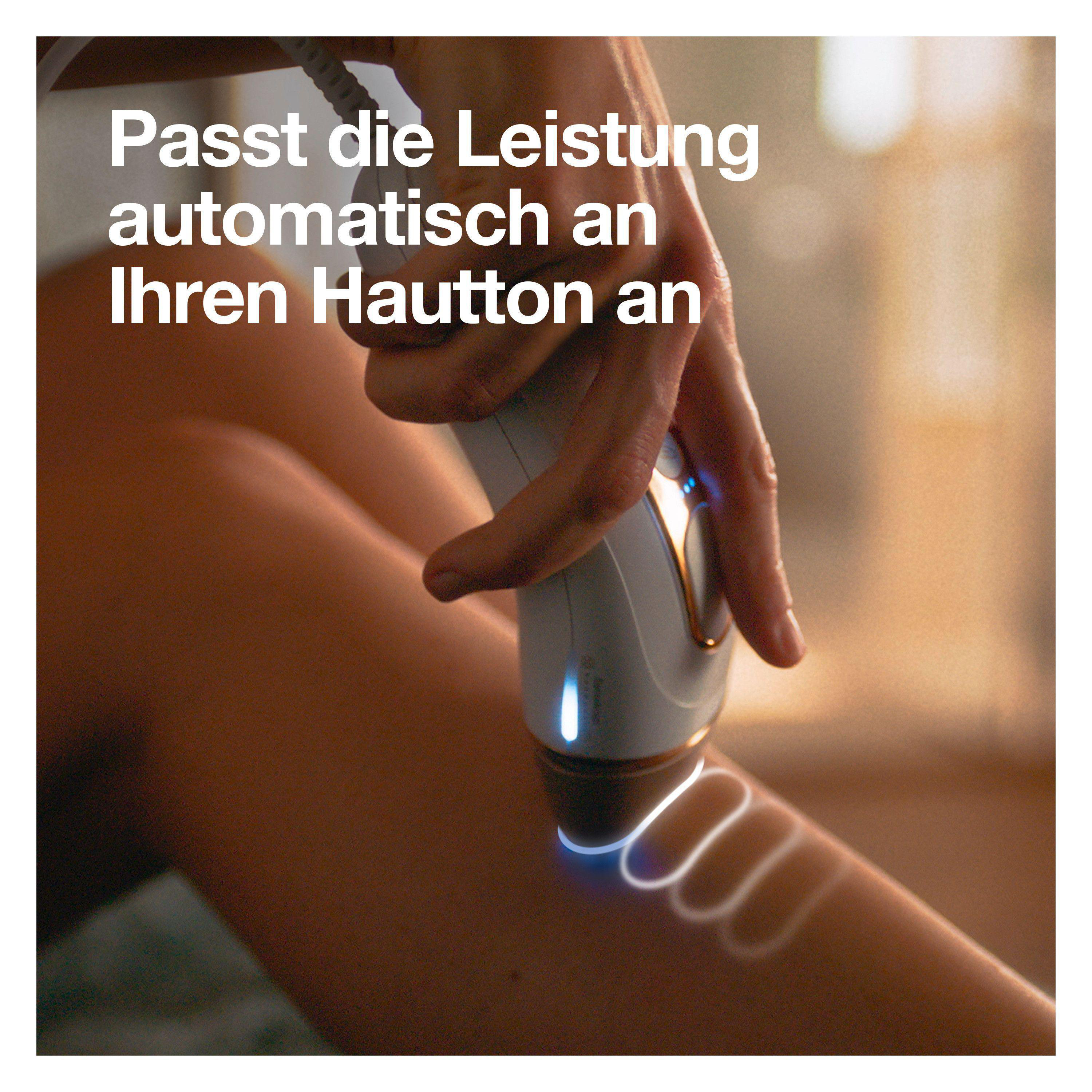 Hand benutzt Haarentferner am Bein, leuchtende Linien.