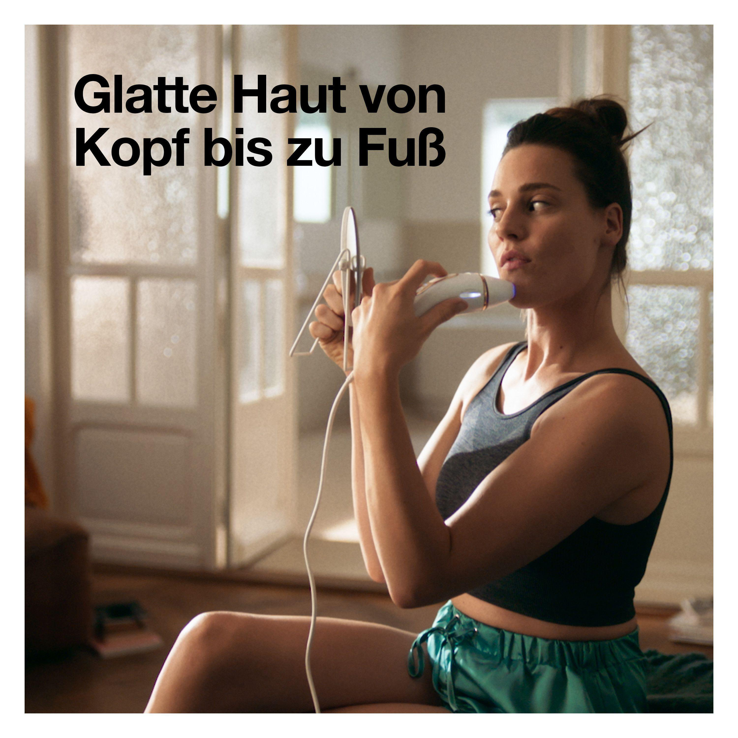 Frau benutzt Gerät im Gesicht. Text: 'Glatte Haut von Kopf bis zu Fuß'.