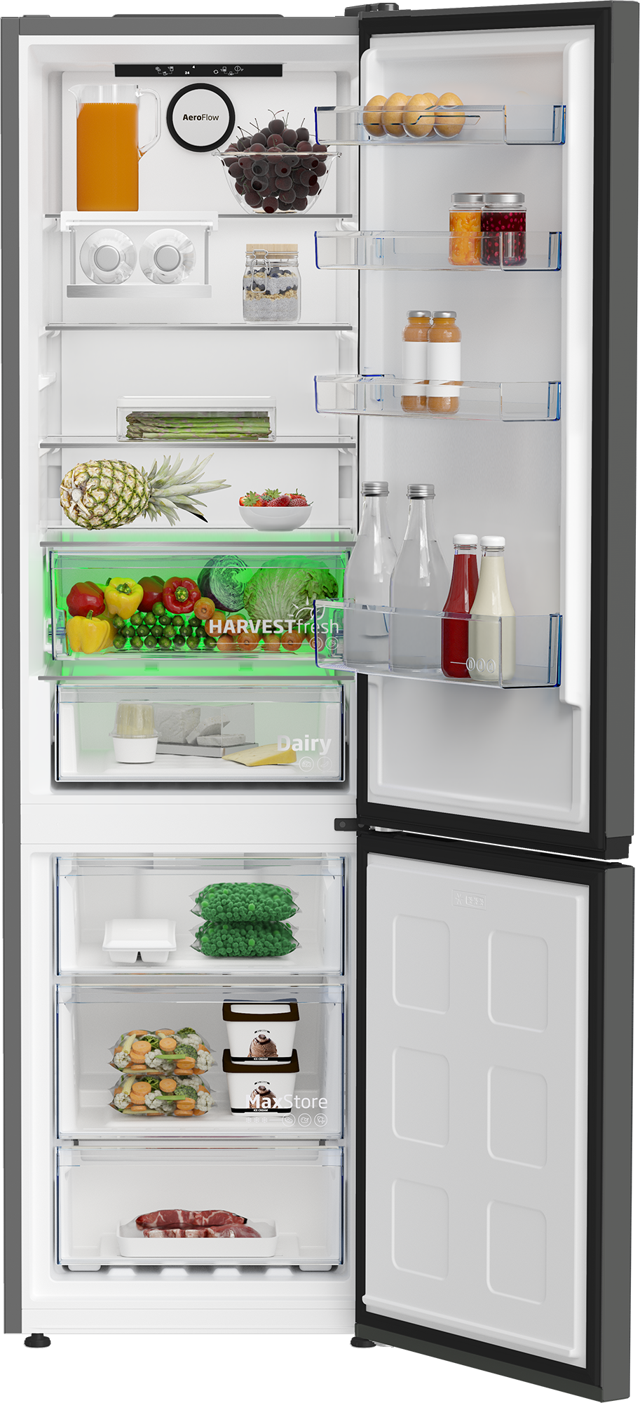 Offener Kühlschrank mit Lebensmitteln und Getränken auf Regalen und Schubladen.