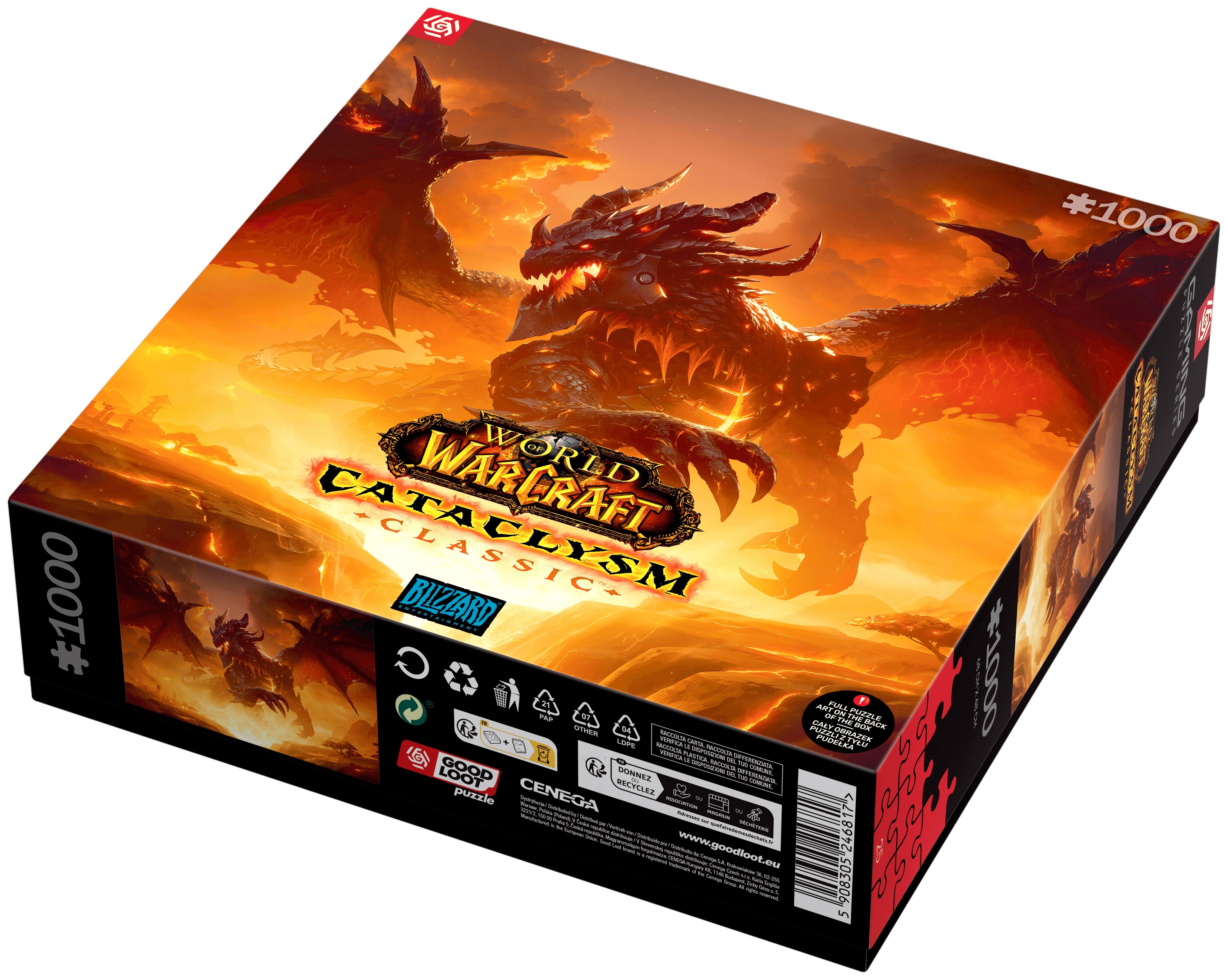 Pudełko z puzzlami, grafika World of Warcraft: Cataclysm Classic, smoki i ogień.