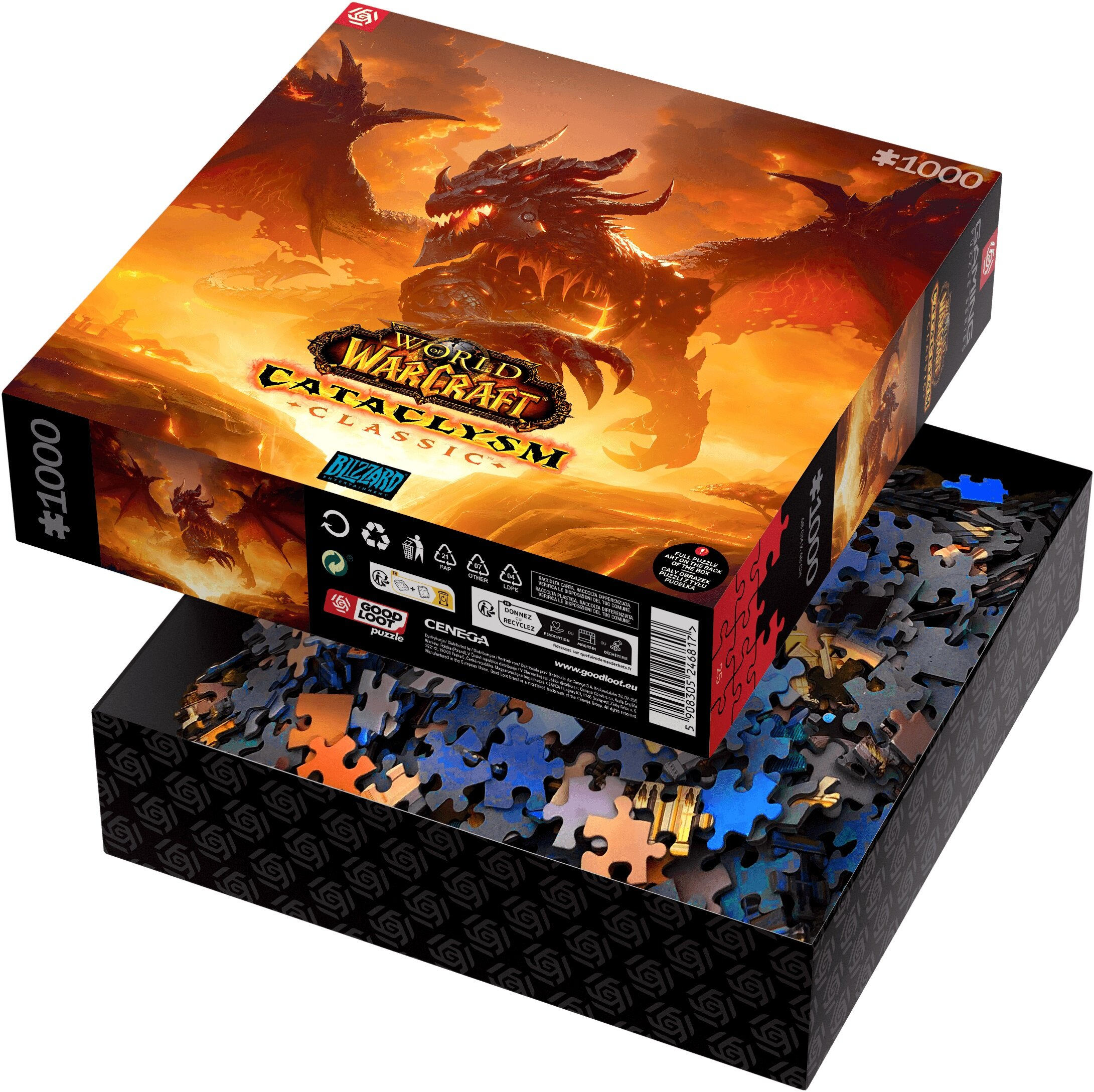 Puzzle 1000 elementów World of Warcraft Cataclysm Classic z smokiem na pudełku.