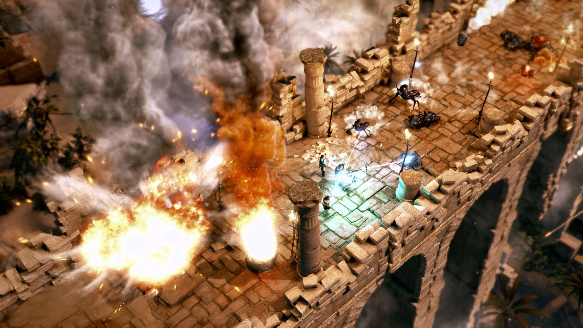 Een bovenaanzicht van een videogame-scène met explosies, personages en een brug.