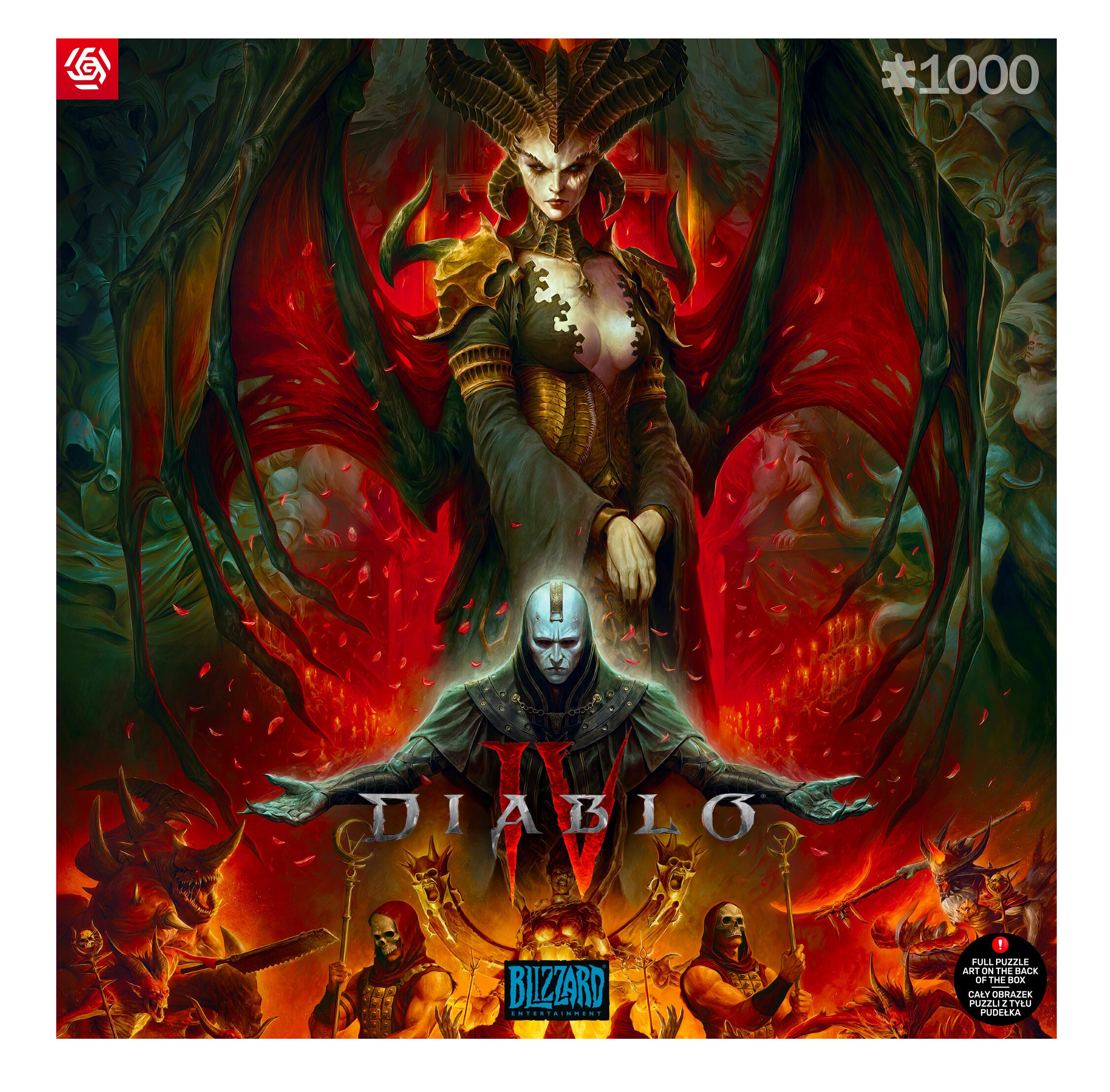 Pudełko z puzzlami Diablo IV. Kobieta z rogami patrzy na mężczyznę, z tłem wypełnionym demonami.