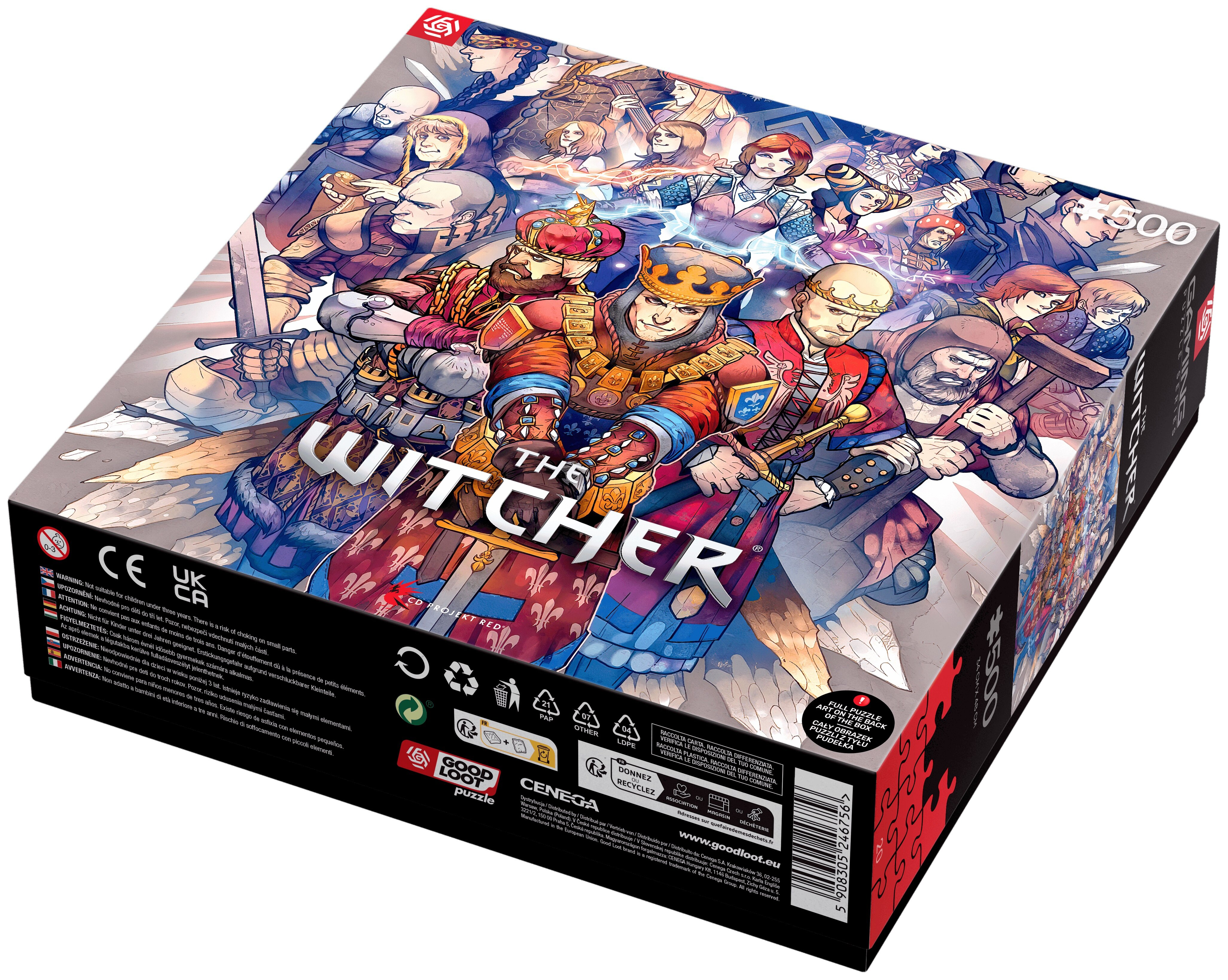 Pudełko gry planszowej Wiedźmin. Pudełko ma ilustracje postaci, widoczny jest tytuł.