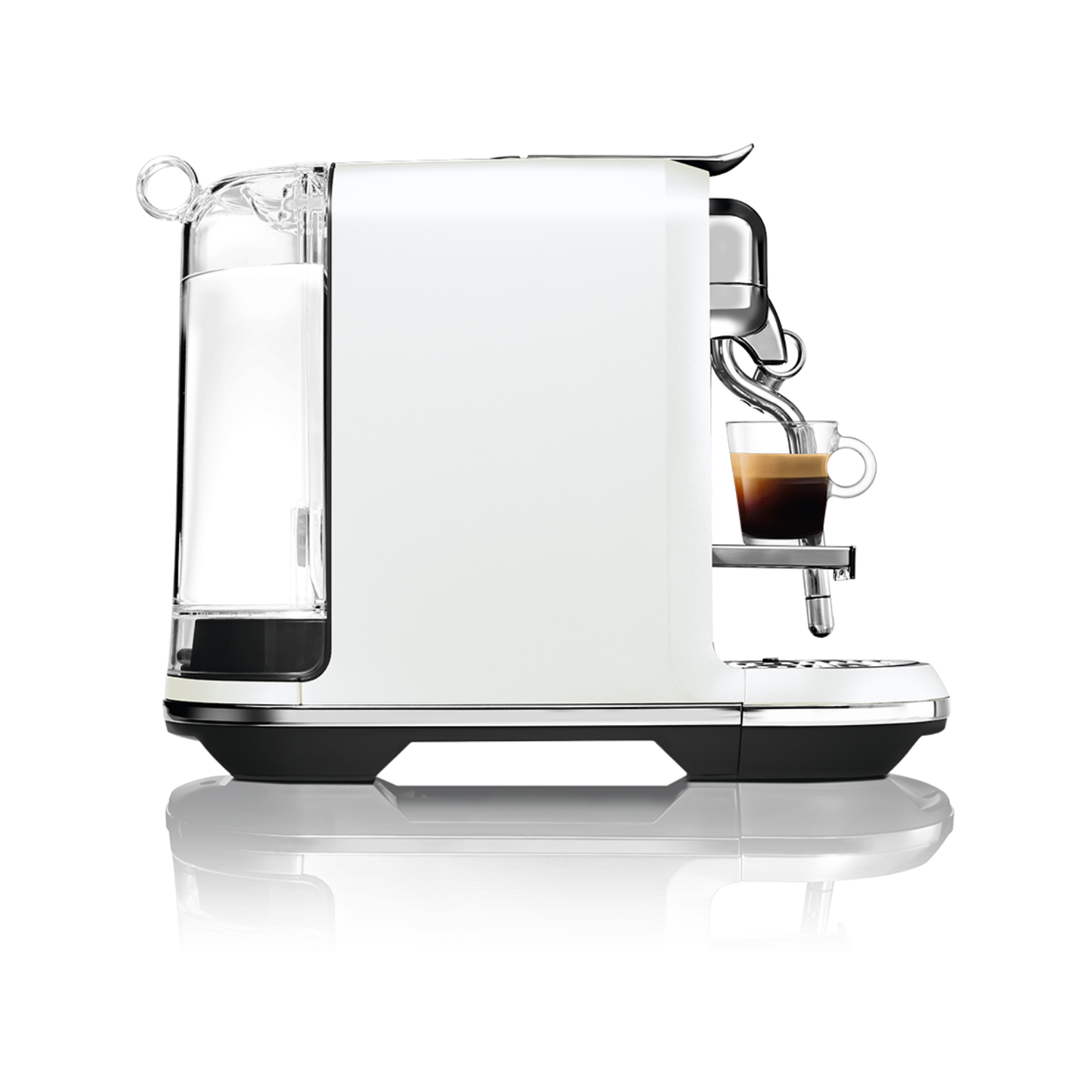 A white coffee machine with a milk container and a glass of coffee.