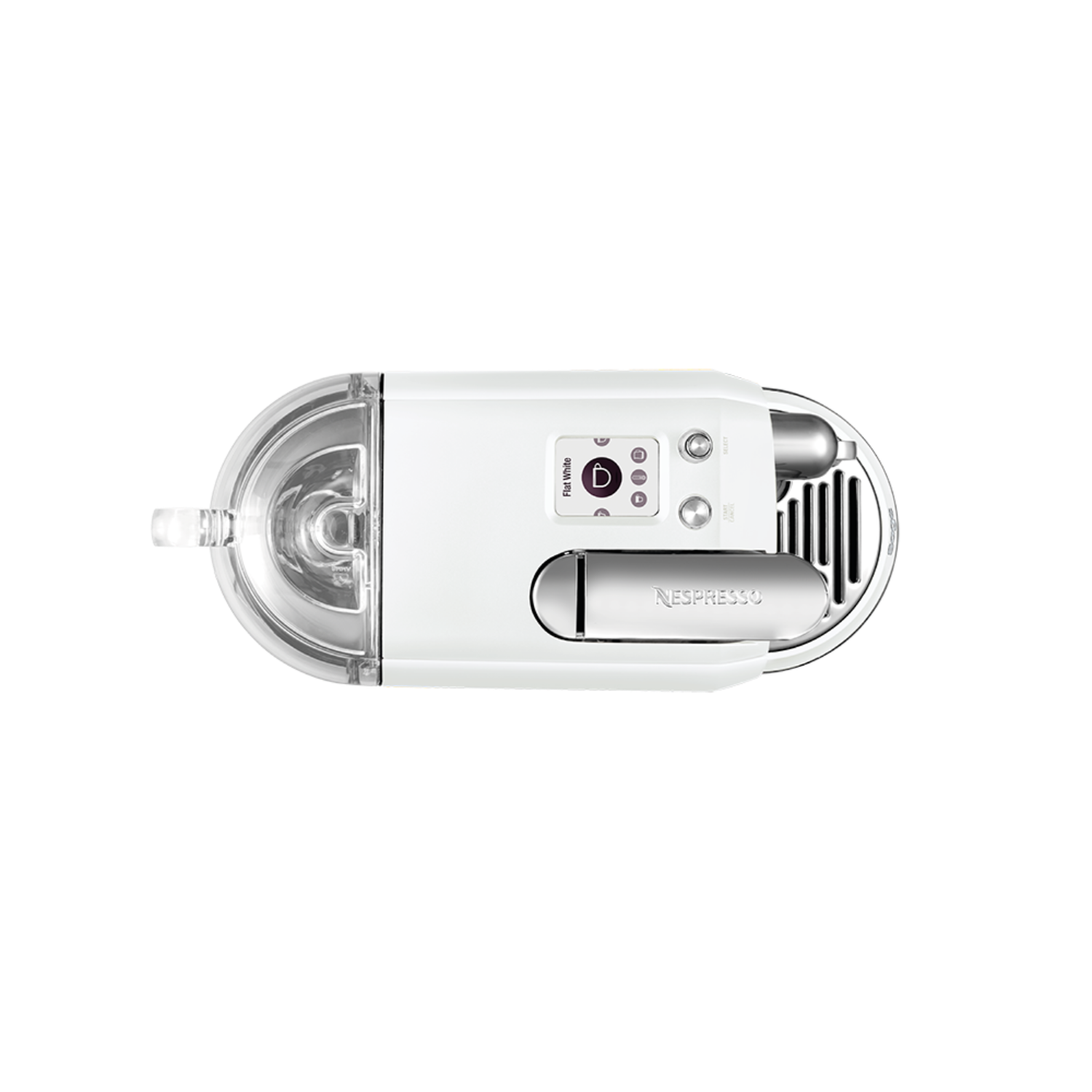 White Nespresso coffee machine, top view. It has a sleek design with a transparent water tank.