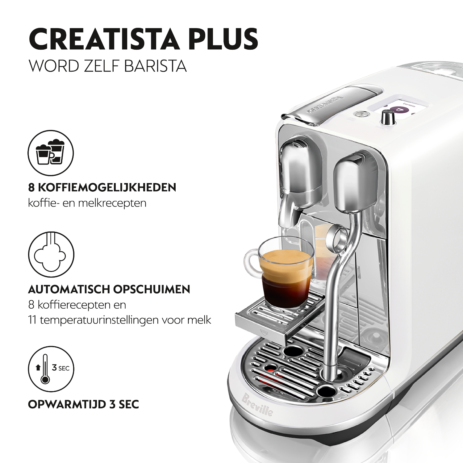 White coffee machine with a cup filling. Icons show coffee options.