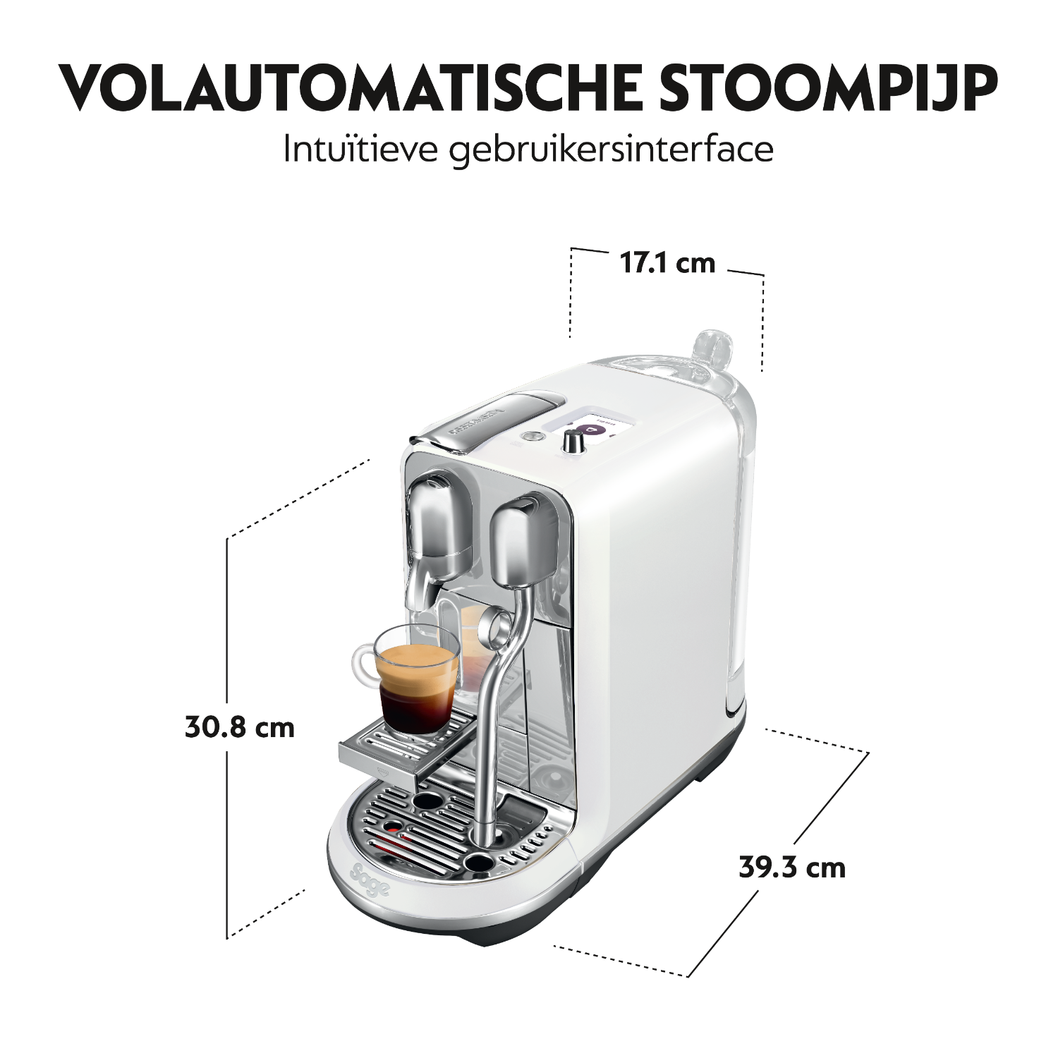 White espresso machine with a glass of coffee in the foreground. Dimensions are displayed.