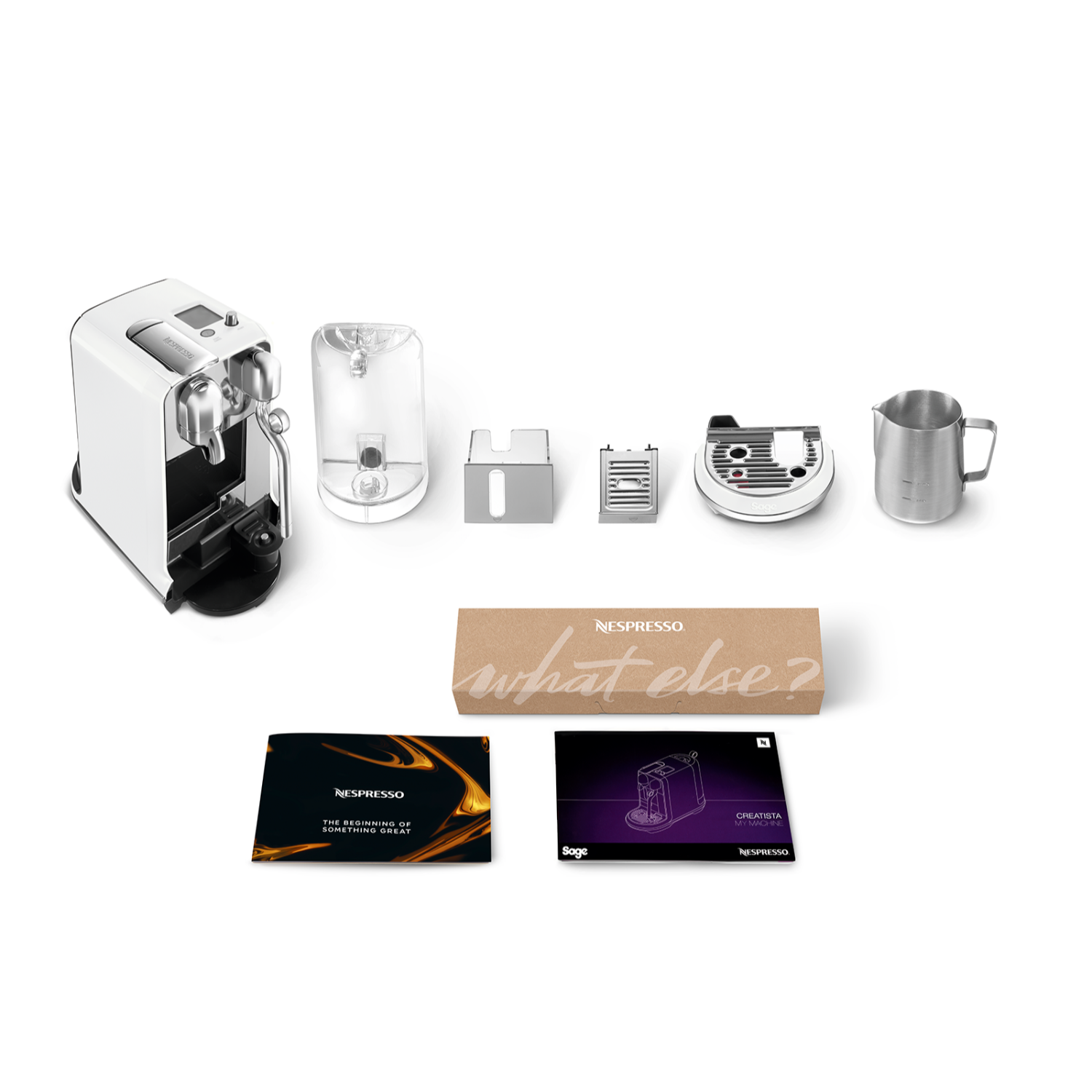 White Nespresso coffee machine with accessories: water tank, capsule holder, and a milk frother.